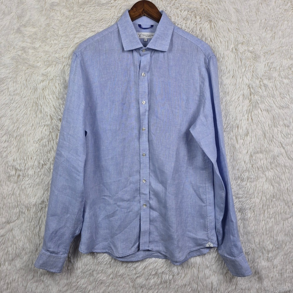 Teddy Stratford Zip-Fit 100% Linen Shirt Blue Long Sleeve Mens Size 3 L